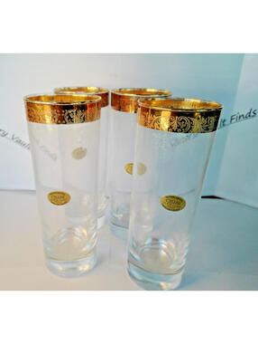 4 Cellini Hand Blown Crystal tall highball glassware 24k gold band rim used